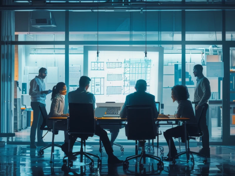 A team of engineers gathered around a conference table.