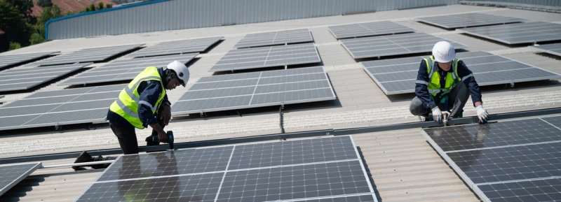 Two men in safety gear working on a field of solar panels