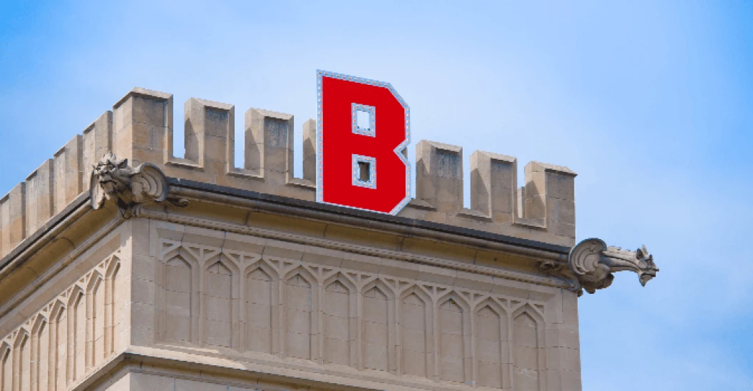 Bradley Hall on Bradley University campus with large B on top