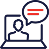 Laptop displaying person next to speech bubble